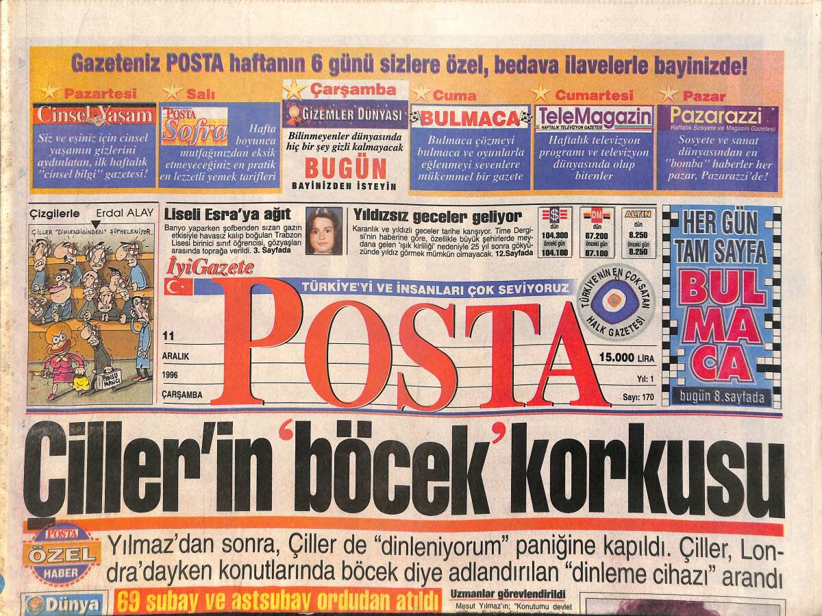 Posta Gazetesi 11 Aralık 1996 - Çiller'in Böcek Korkusu - Gülşen Sınavdan Yüz Akıyla Çıktı GZ3148 - 1