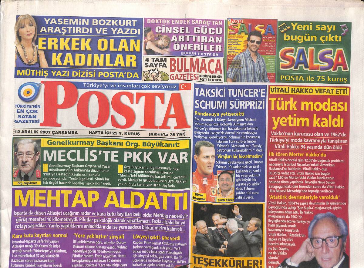 Posta Gazetesi 12 Aralık 2007 - Zülfü Livaneli'nin Kızı Tuvalette Kavga Etti - Türbanlı Öğrenciye Vergi Kampanyası GZ152945 - 1