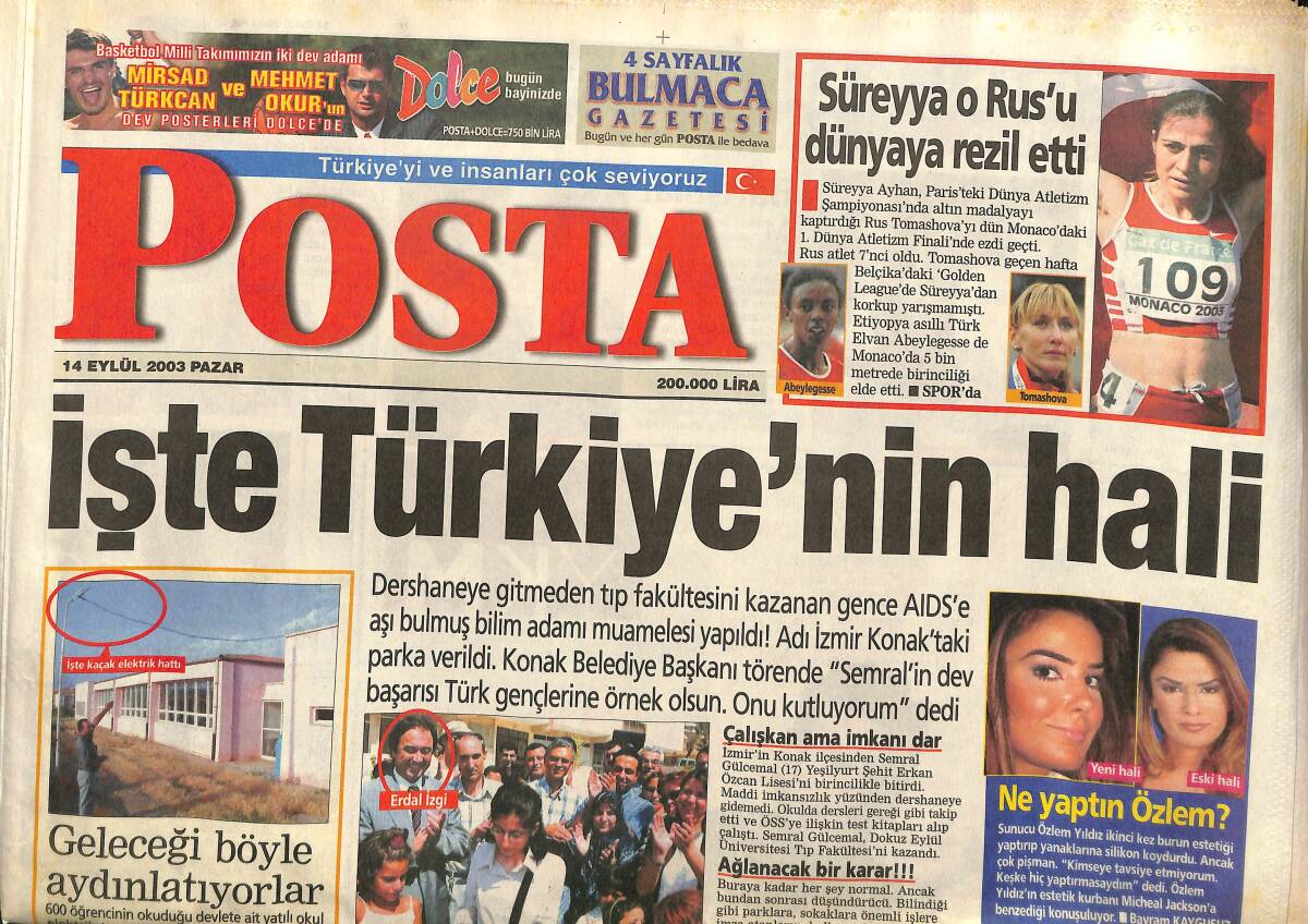 Posta Gazetesi 14 Eylül 2003 - Aslan Konya'da İlk Yenilgiyi Aldı - ABD'de Etli Ekmek Modası GZ157307 - 1