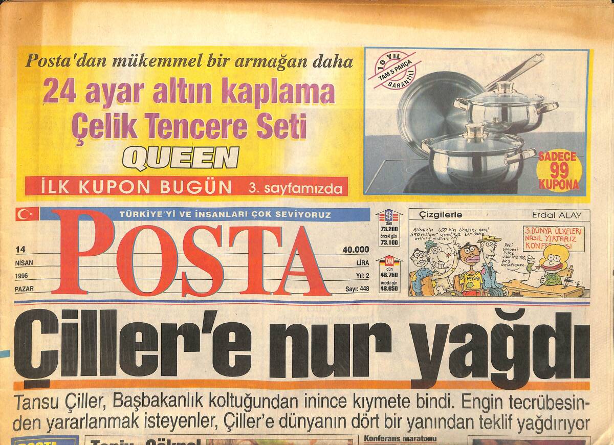 Posta Gazetesi 14 Nisan 1996 - Çiller'e Nur Yağdı - Aydın Bolak ABD'de Tedavide GZ147982 - 1