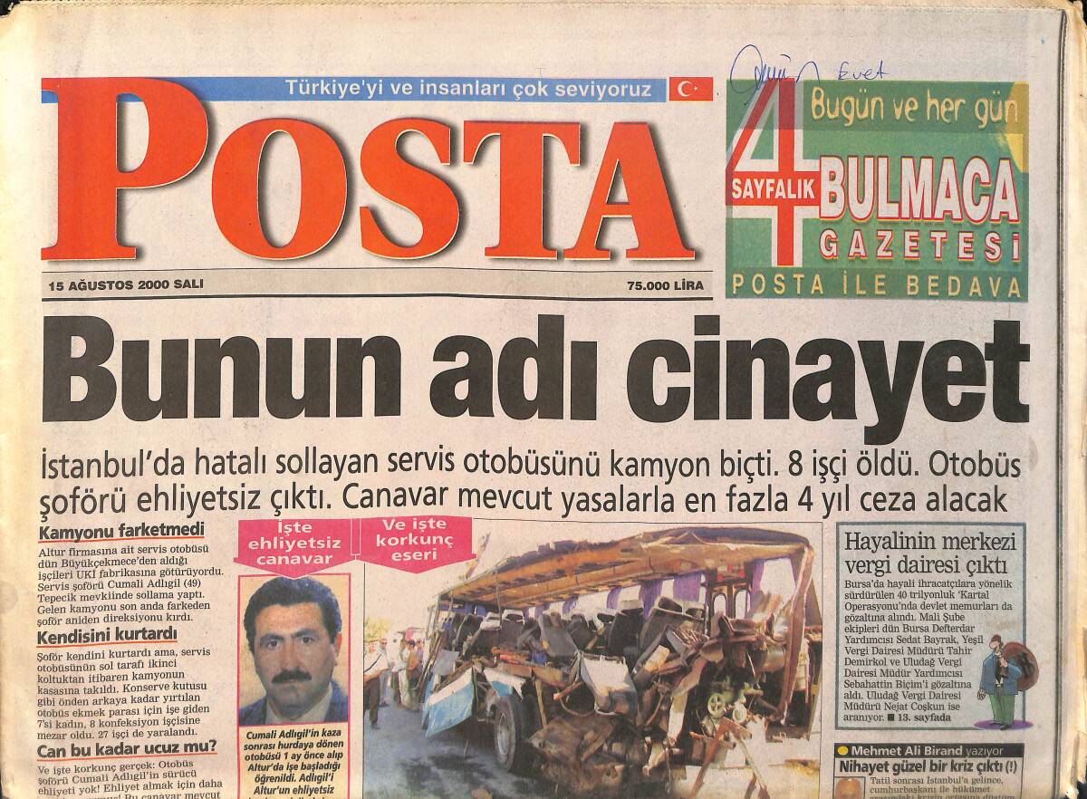 Posta Gazetesi 15 Ağustos 2000 - İbo'dan Derya Tuna'ya: Aslanlar Gibi Dönecek - Lucescu: İyi Yoldayız GZ3179 - 1