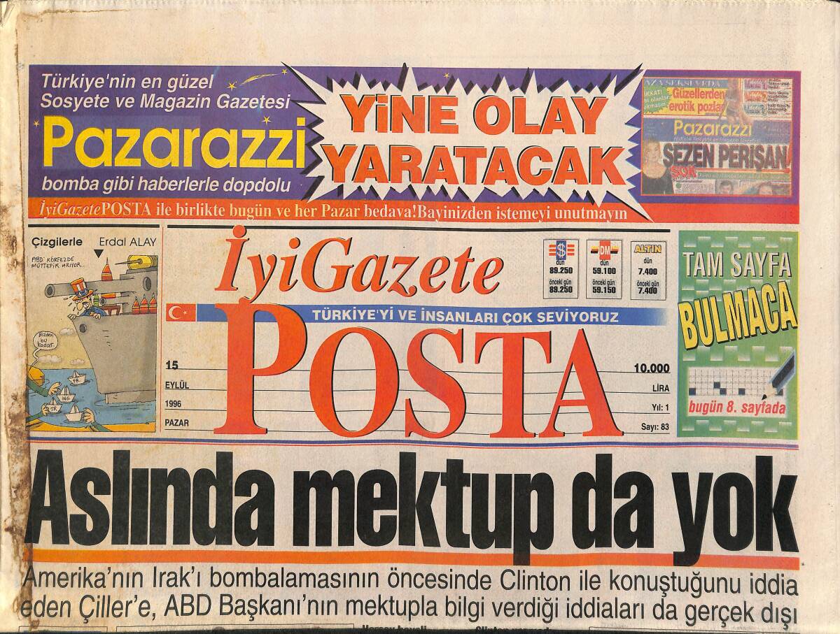 Posta Gazetesi 15 Eylül 1996 - Hülya Avşar Mizah Yazarı Arıyor - Aydan Şener, Fahişe Rolü Moda Oldu GZ3851 - 1