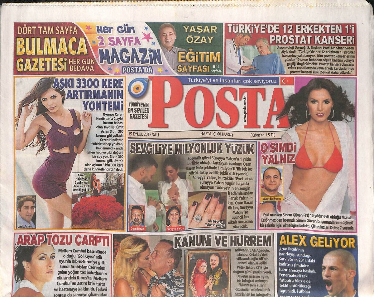 Posta Gazetesi 15 Eylül 2015 - 37 Bin Öğretmen Bugün Atanıyor - Alex Geliyor - İstanbul Dünyanın En Tehlikeli 9.Şehri GZ135616 - 1