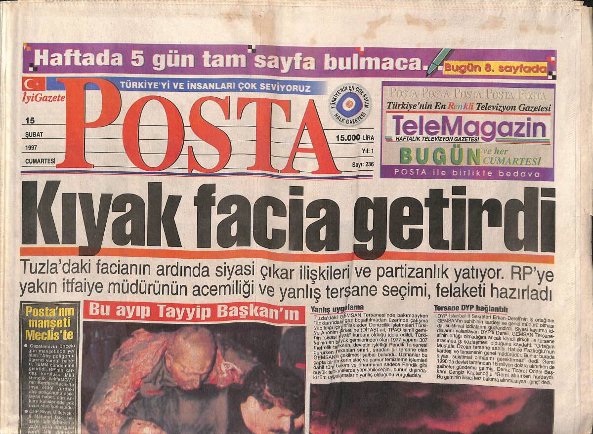 Posta Gazetesi 15 Şubat 1997 - Sibel Can'ın Malına Soruşturma - Müslüm Gürses Hayranlarına Kaset Dayanmıyor - Burak Kut İle Demet Şener GZ150426 - 1