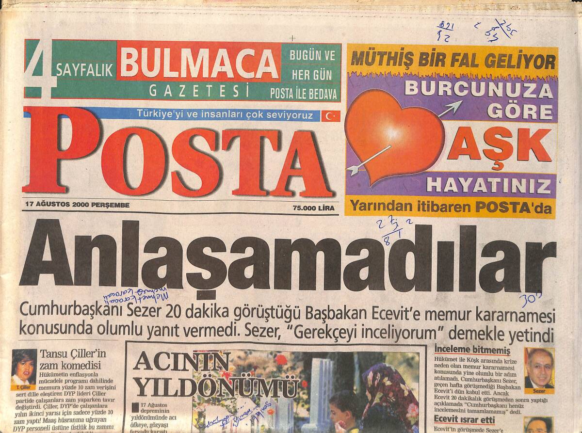 Posta Gazetesi 17 Ağustos 2000 - Tuğba Özay, İşlerine Dört Elle Sarıldı - Kadir İnanır'ın Yapımcıyla Arası Bozuldu GZ3180 - 1