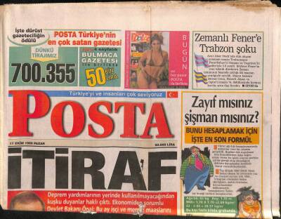 Posta Gazetesi 17 Ekim 1999 - Mahsun Kırmızıgüle Kraliçe Pınar Tezcan Aşık - Zemanlı Fenere Trabzon Şoku GZ91979 - 1