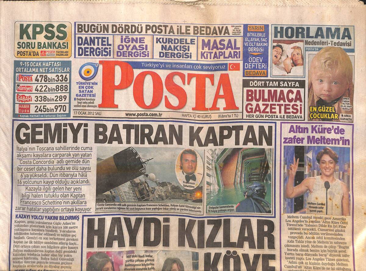 Posta Gazetesi 17 Ocak 2012 - Altın Küre'de Zafer Meryem Cumbul'un - İlker Başbuğ'un Tutukluluk İtirazı Reddedildi -Fenerli Hastaya Sarı Kırmızı Moral GZ138737 - 1