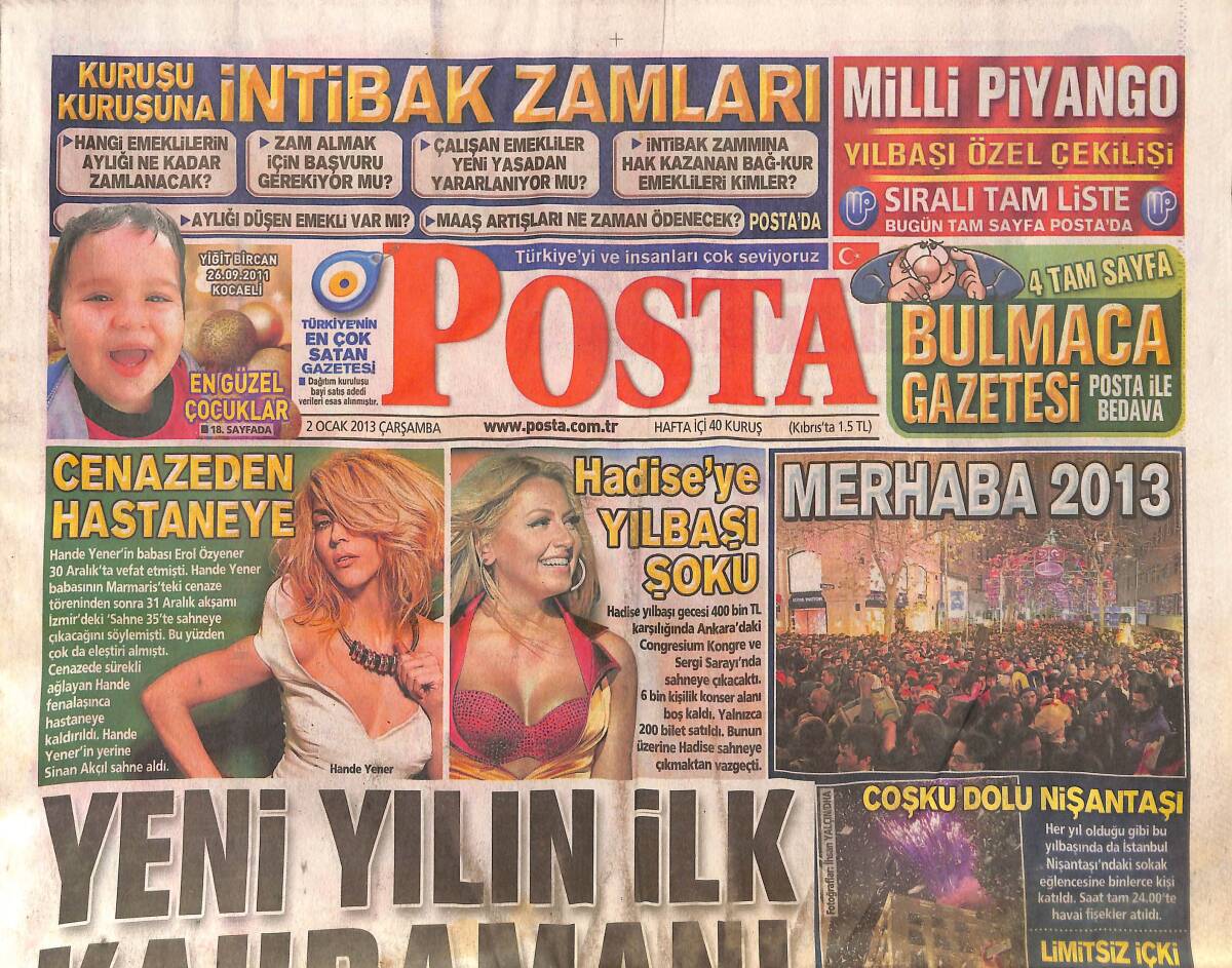 Posta Gazetesi 2 Ocak 2013 - Hadise'ye Yılbaşı Şoku - Hande Yener 'Cenazeden Hastaneye' - Gözler Aykut Kocaman'da! GZ138665 - 1