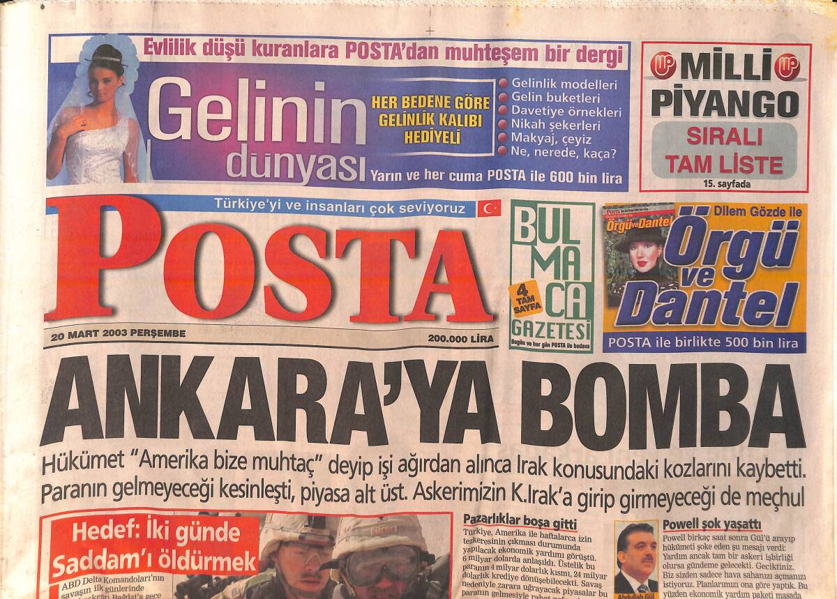 Posta Gazetesi 20 Mart 2003 - Ankara'ya Bomba - İbo, Asena'yı Havuzda Dövdü - Terim Çıldırdı GZ157172 - 1