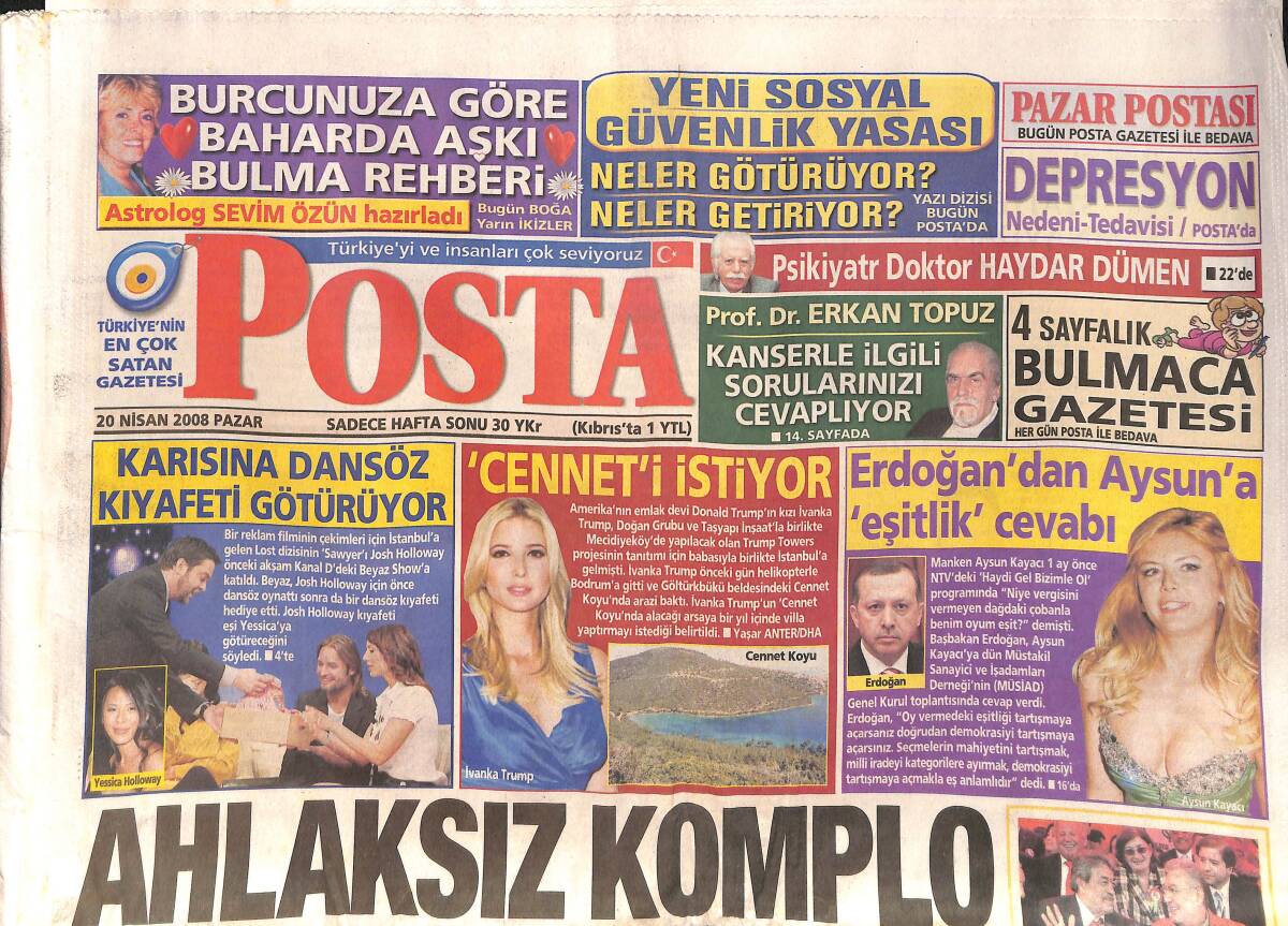 Posta Gazetesi 20 Nisan 2008 - Erdoğan'dan Aysun Kayacı'ya, Eşitlik Cevabı - Kongo'da Düşen Uçaktan 1 Türk Kurtuldu 