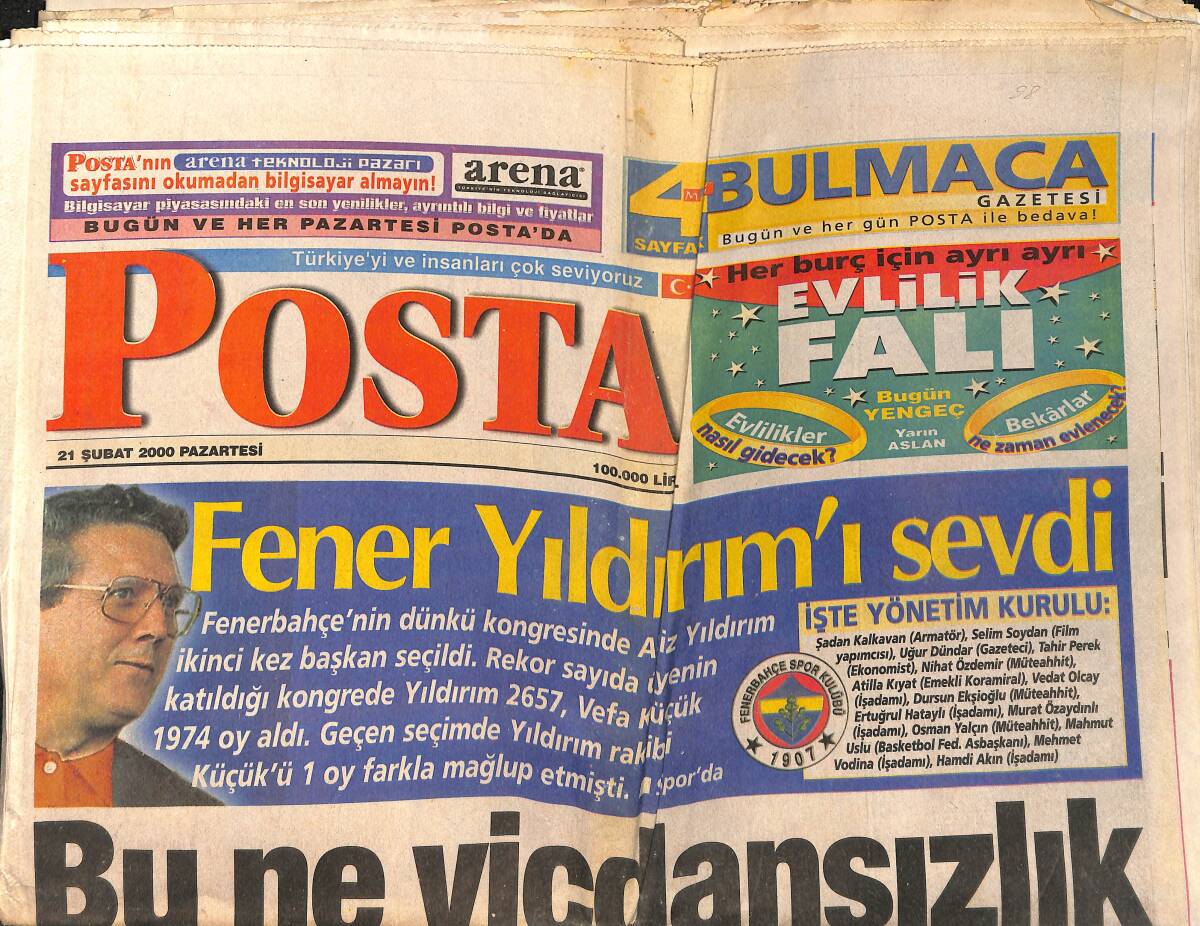 Posta Gazetesi 21 Şubat 2000 - Fener Yıldırım'ı Sevdi - Bülent Abla'dan Müzeyyen Senar'a 16 Milyarlık Küpe - Evren'in Seda'lı Gecesi GZ2116 - 1