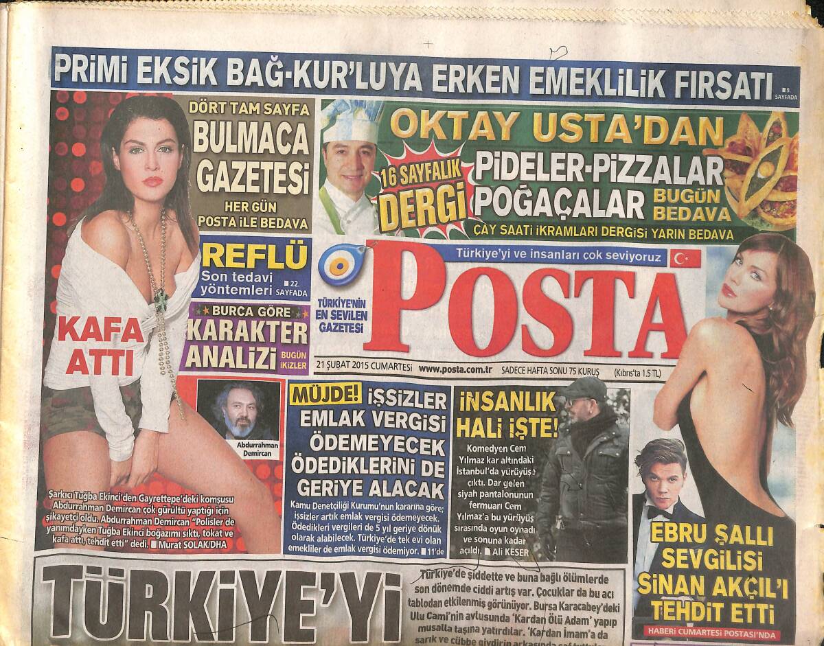 Posta Gazetesi 21 Şubat 2015 - Tuğba Ekinci Kafa Attı! - Ebru Şallı Sevgilisi Sinan Akçıl'ı Tehdit Etti! GZ138696 - 1