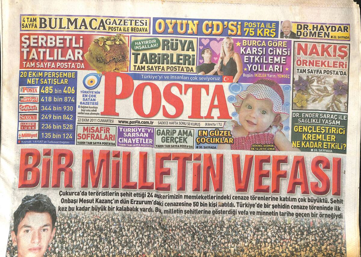Posta Gazetesi 22 Ekim 2011 - Bir Milletin Vefası - Gazeteci Hikmet Bila'yı Kaybettik - Bacaksız Dansöz - Fatih Terim'in Öfkesi GZ138718 - 1