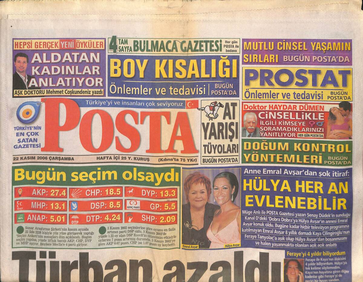 Posta Gazetesi 22 Kasım 2006 - Anne Emral Avşar'dan Şok İtiraf: Hülya Her An Evlenebilir - Erdoğan Papa İle Görüşecek - Alex'ten İtiraf: Kötü Oynadık GZ137707 - 1
