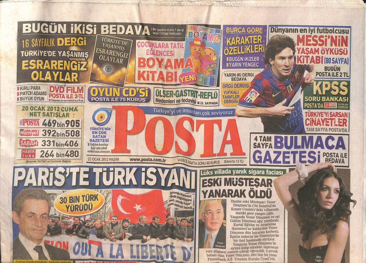 Posta Gazetesi 22 Ocak 2012 - Paris'te Türk İsyanı - Eski Müsteşar Yanarak Öldü - Cem Yılmaz Kız İstemeye İzmir'e Gitti - Kadıköy'de Canavar GZ137779 - 1
