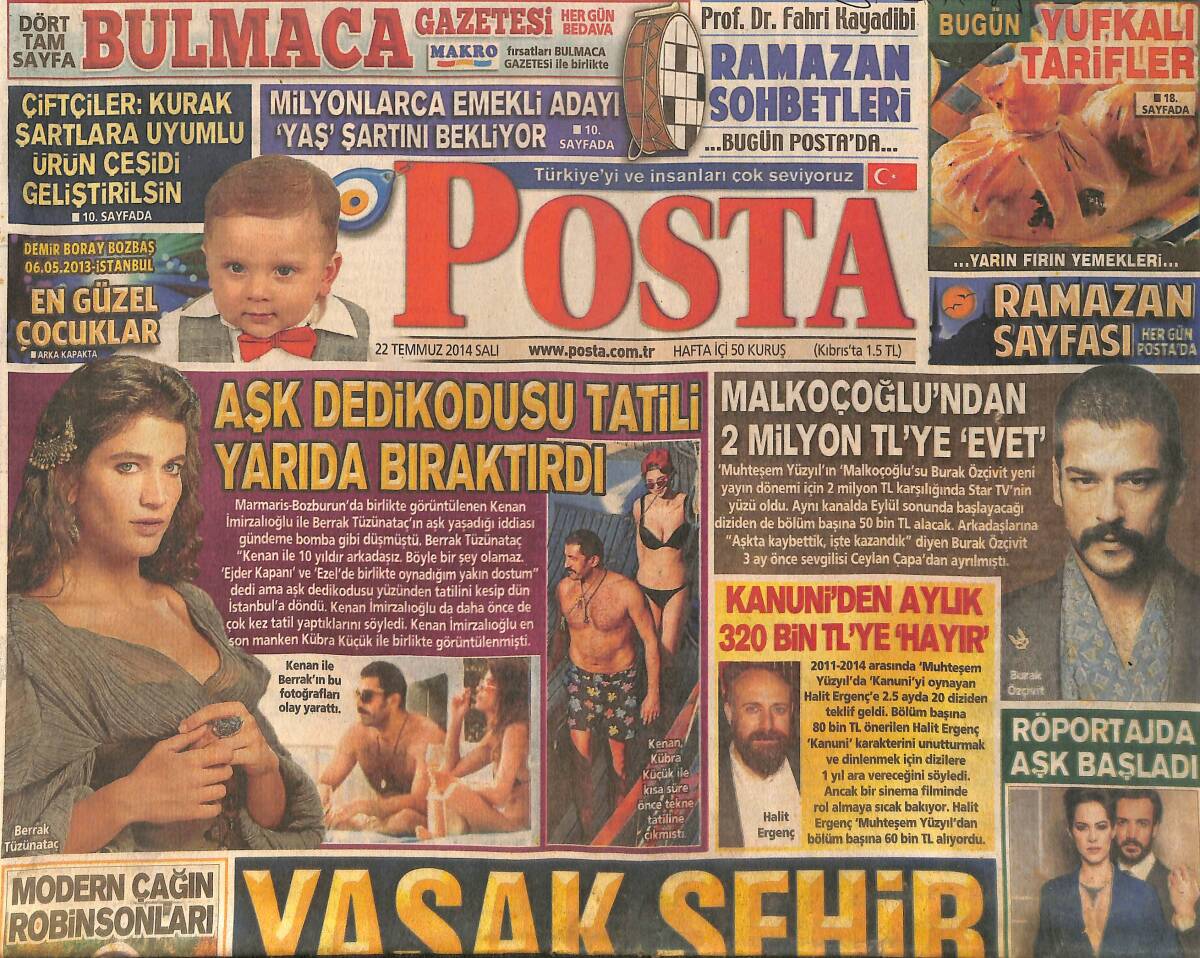 Posta Gazetesi 22 Temmuz 2014 - Burak Özçivit Malkoçoğlu Karakteri İçin 2 Milyon TL'ye Evet Dedi GZ158455 - 1
