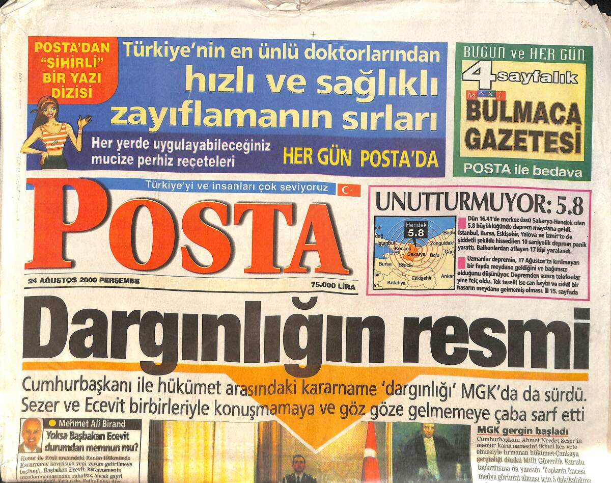 Posta Gazetesi 24 Ağustos 2000 - Cumhurbaşkanı ve Hükümet Arasında Dargınlık - 4 Milyon Çiftçinin, 1.5 Milyonu İcralık GZ158092 - 1