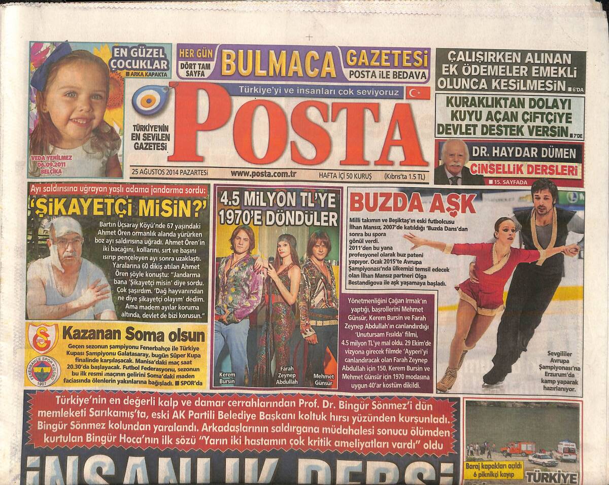 Posta Gazetesi 25 Ağustos 2014 - Kerem Bürsin Mehmet Günsür 4,5 Milyon TL'YE 1970'E Döndüler - CHP Sandığa Sarıldı! GZ138689 - 1