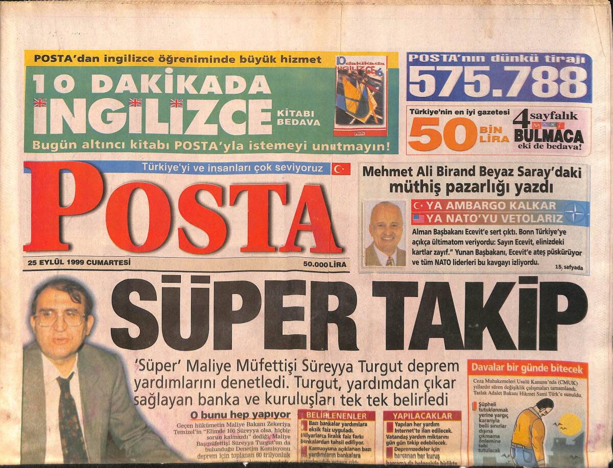 Posta Gazetesi 25 Eylül 1999 - Aslan'dan Altın Pençe - Pirelli Marka Patlayan Lastiğe 8 Trilyon Tazminat GZ158313 - 1