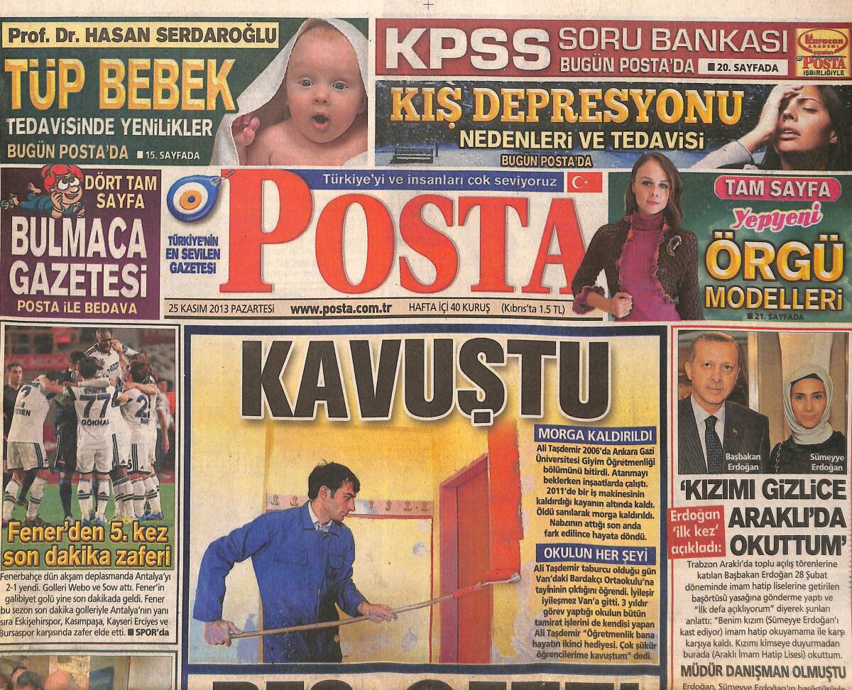 Posta Gazetesi 25 Kasım 2013 - Fener'den 5. Kez Son Dakika Zaferi - Başbakan Erdoğan: Kızımı Gizlice Araklı'da Okuttum GZ137240 - 1