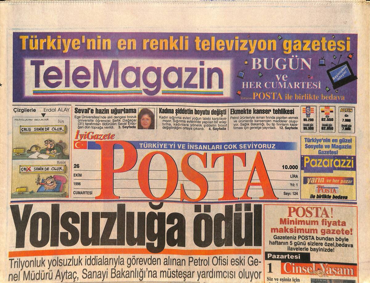 Posta Gazetesi 26 Ekim 1996 - Sakıp Sabancı'dan Sitem - Gönül Yazar'a Gençlik Öpücüğü GZ3145 - 1