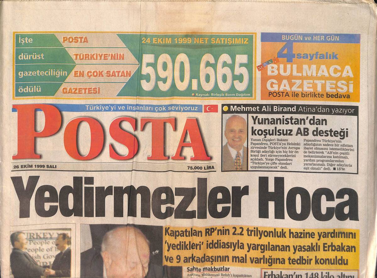 Posta Gazetesi 26 Ekim 1999 - Yalova Belediye Başkanı Hapiste - Galatasaray için UEFA Kupası Son Şans GZ158120 - 1