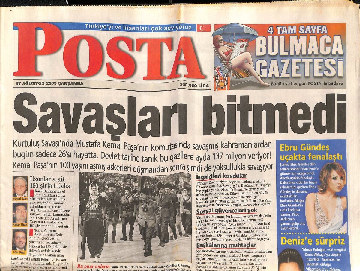 Posta Gazetesi 27 Ağustos 2003 - Ebru Gündeş Uçakta Fenalaştı - Özcan Deniz'in 1 Saati 10 Bin Dolar GZ157290 - 1