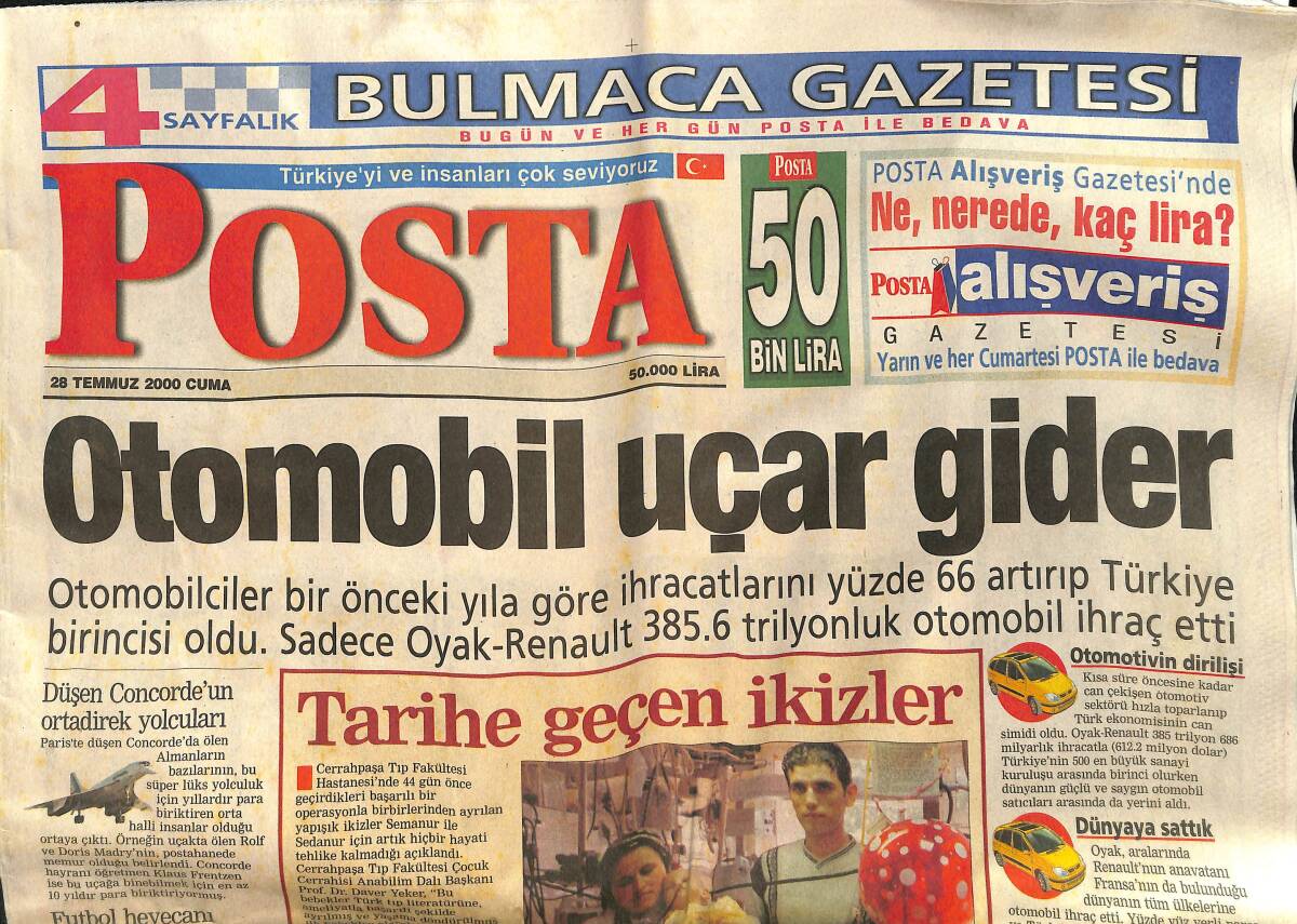 Posta Gazetesi 28 Temmuz 2000 - Jardel Kaliteli - İbo Mahkemelik GZ157280 - 1