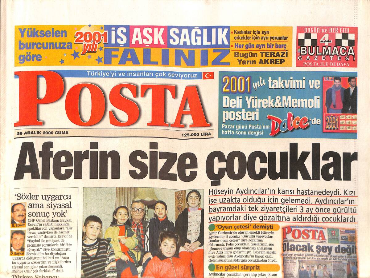 Posta Gazetesi 29 Aralık 2000 - Deniz Akkaya'nın Erdal Acar'la Aşkı Son Hız Sürüyor - Ajda Pekkan Yeni Yılda KKTC'de Konser Verecek GZ158305 - 1