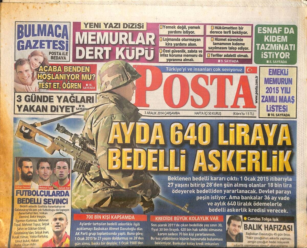 Posta Gazetesi 3 Aralık 2014 - Alevilere AİHM'den Tazminat Yolu - Galatasaray'a Özel Hermes GZ159724 - 1
