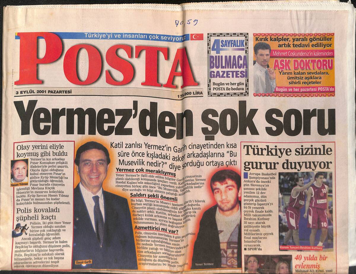 Posta Gazetesi 3 Eylül 2001 - Kerem Tunçeri Ve İbrahim Kutluay, Türkiye Sizinle Gurur Duyuyor - Kadir İnanır 