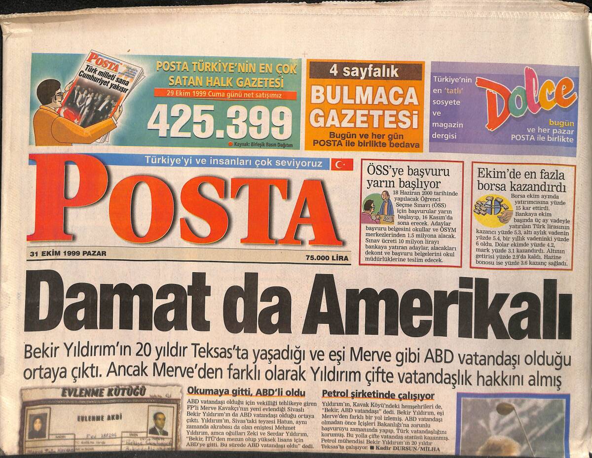 Posta Gazetesi 31 Ekim 1999 - Banu Alkan'dan 1 Trilyonluk Konser - Jet-Pa Dünyada İlk Kez Fabrikası Olmayan Otomobili Dünyaya Tanıttı GZ158121 - 1