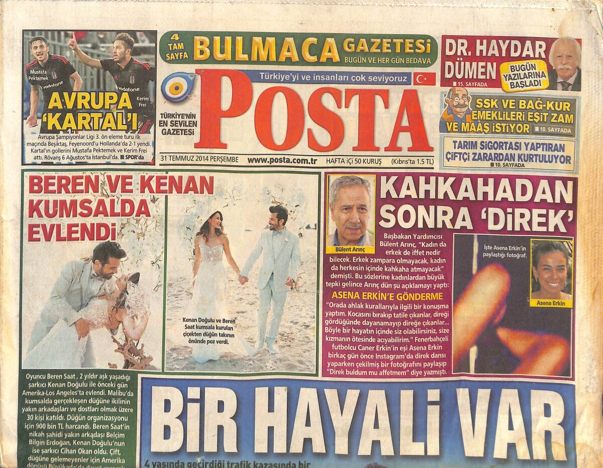 Posta Gazetesi 31 Temmuz 2014 - Beren Saat Ve Kenan Doğulu Kumsalda Evlendi - Murat Boz Yeni Sevgili Buldu! Hadise: Sınırsızım! GZ137253 - 1