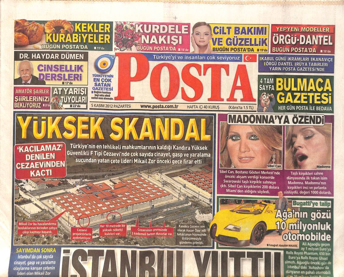 Posta Gazetesi 5 Kasım 2012 - Sibel Can Madonna'ya Özendi - Ali Ağaoğlu'nun Gözü 10 Milyonluk Otomobilde GZ158458 - 1