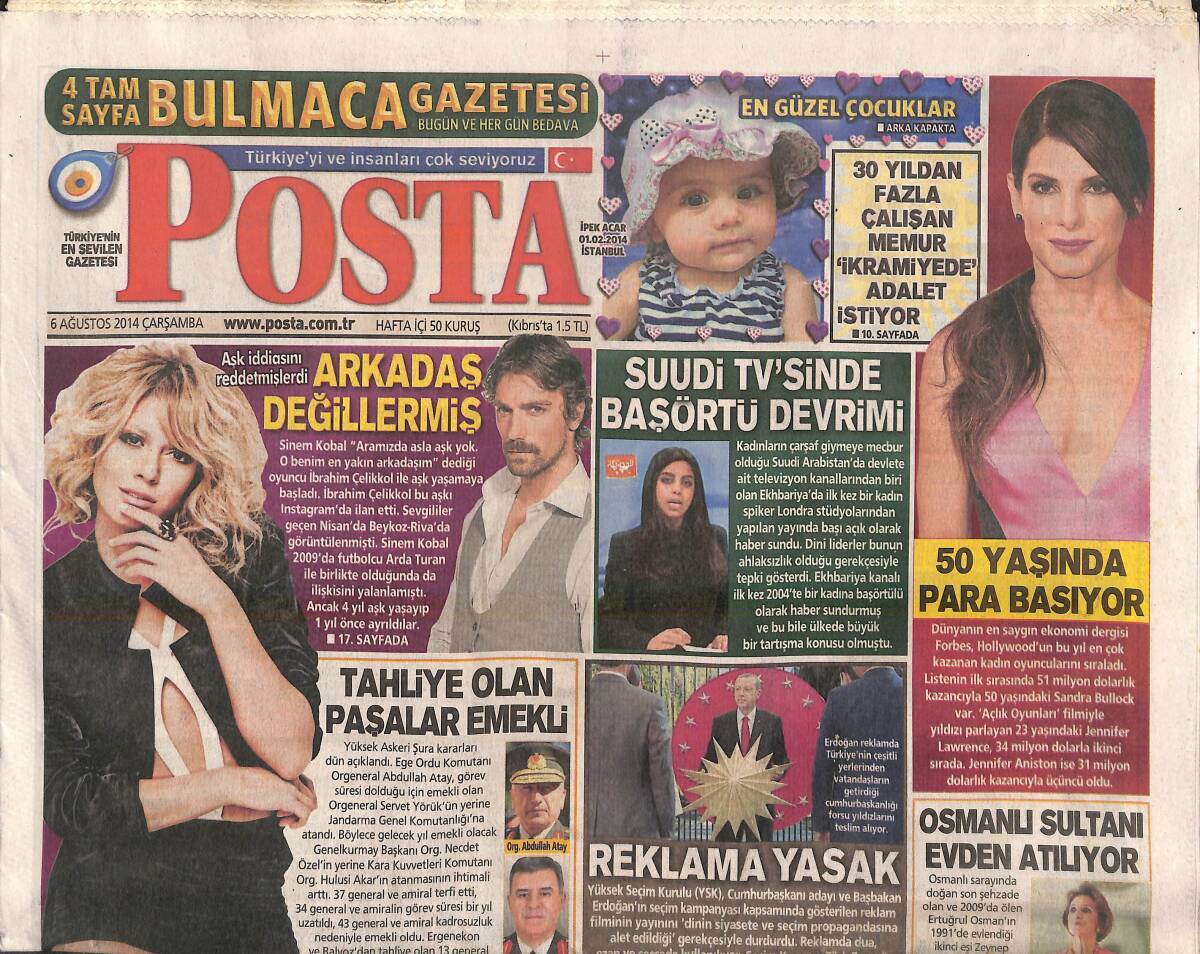 Posta Gazetesi 6 Ağustos 2014 - Osmanlı Sultanı Evden Atılıyor - 50 Yaşında Para Basıyor - Kim Kardashian'ın Göğüsleri Düştü Düşecek GZ138736 - 1