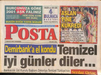 Posta Gazetesi 7 Aralık 2000 - Aslan Yine Kükredi - Kadir İnanıra Aşk Misillemesi - Serdar Ortaç Baba Oluyor GZ127457 - 1