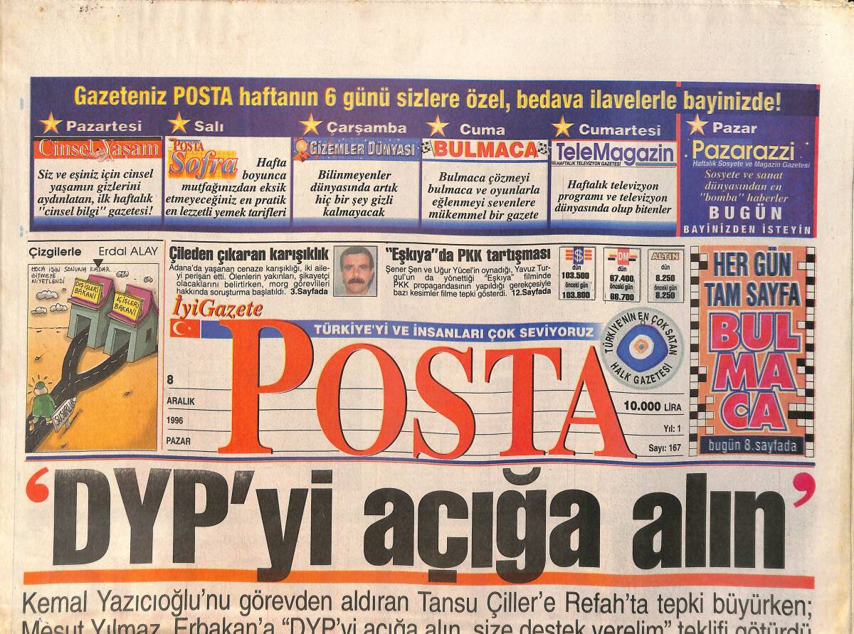 Posta Gazetesi 8 Aralık 1996 - Sezen Aksu'nun Dört Katlı Dünyası - Nilüfer Kendini Çocuklara Adadı GZ3154 - 1
