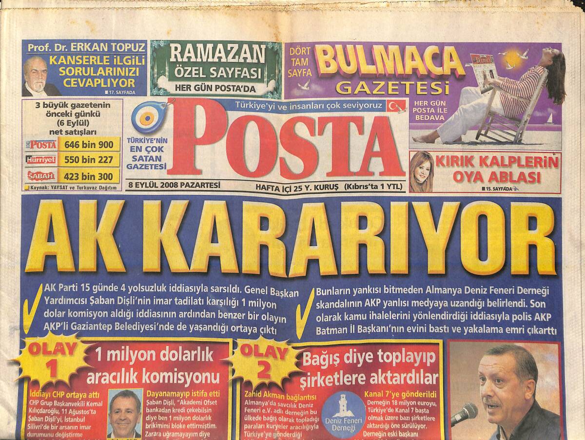 Posta Gazetesi 8 Eylül 2008 - Bağış Diye Toplayıp Şirketlere Aktardılar - Deniz Baykal, Erdoğan'ı Anında Yalanladı GZ138712 - 1