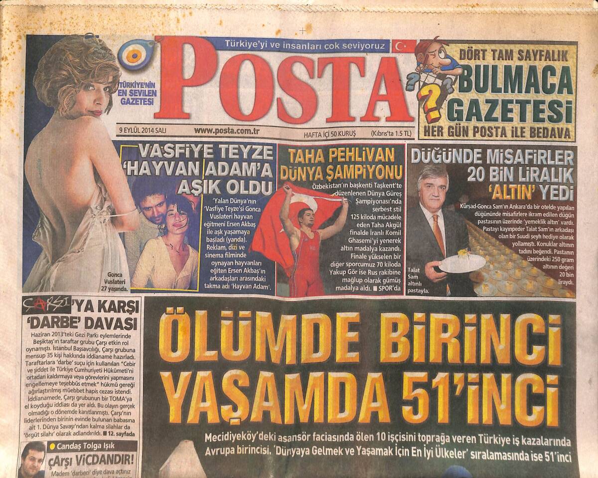 Posta Gazetesi 9 Eylül 2014 - Çarşı'ya Karşı Darbe Davası - Taha Pehlivan Dünya Şampiyonu Oldu GZ158537 - 1