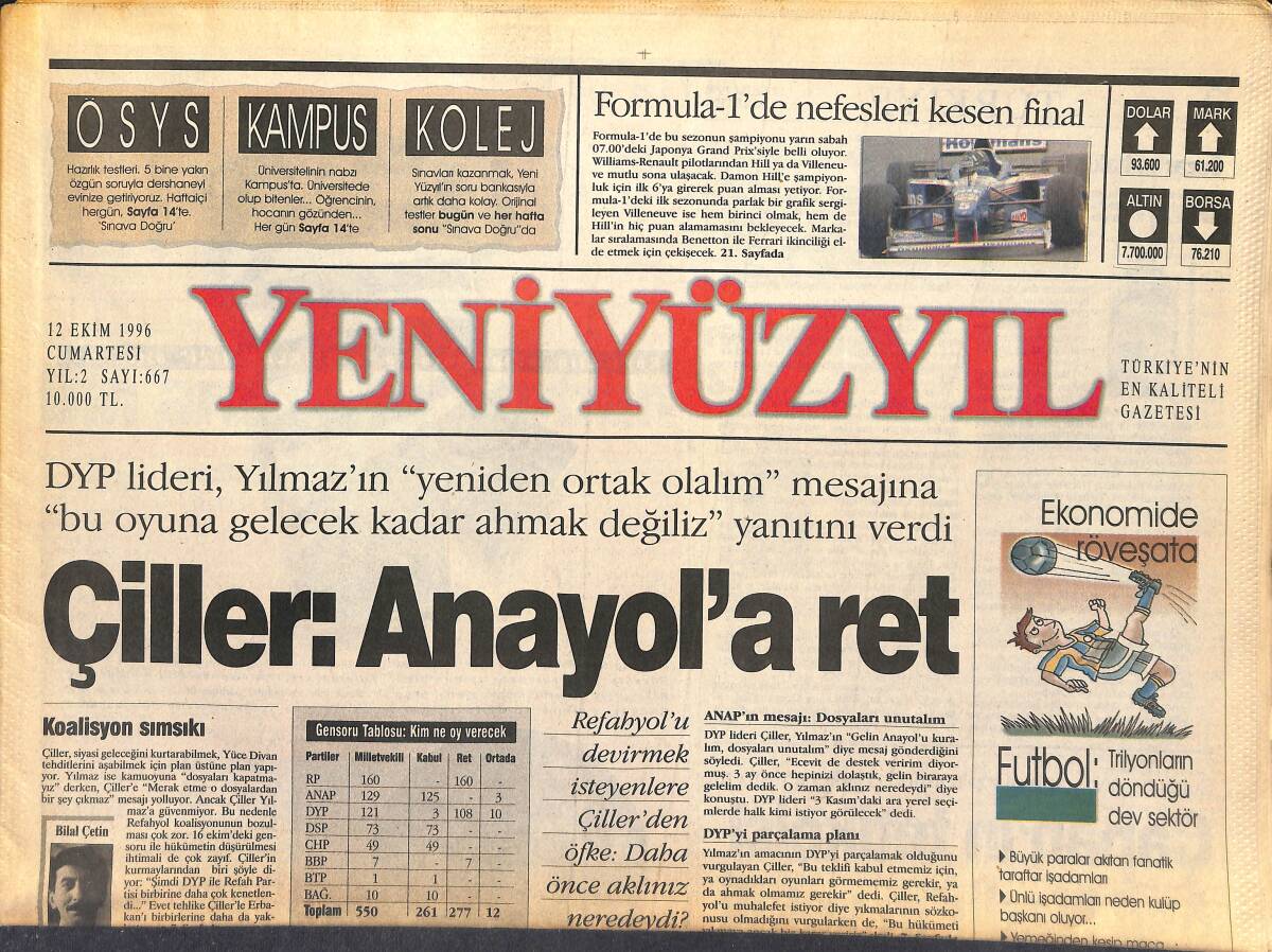 Radikal Gazetesi 12 Ekim 1996 - Bob Dole , Oy İçin Türkiye'yi Satıyor - Eyüp Sultan'ın Çinileri Bir Yunanlı'ya Gitti GZ147749 - 1