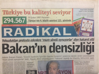 Radikal Gazetesi 12 Şubat 1997 - Adalet Bakanı Şevket Kazanın Densizliği GZ27489 - 1