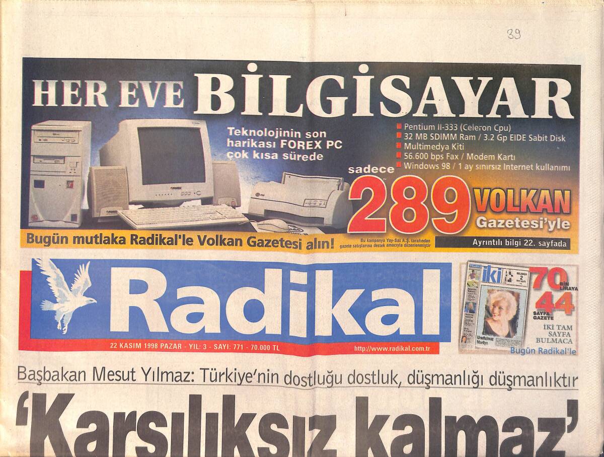 Radikal Gazetesi 22 Kasım 1998 - Anap Artık Milliyetçi - Aslan Ligde Kan Kaybediyor GZ2020 - 1