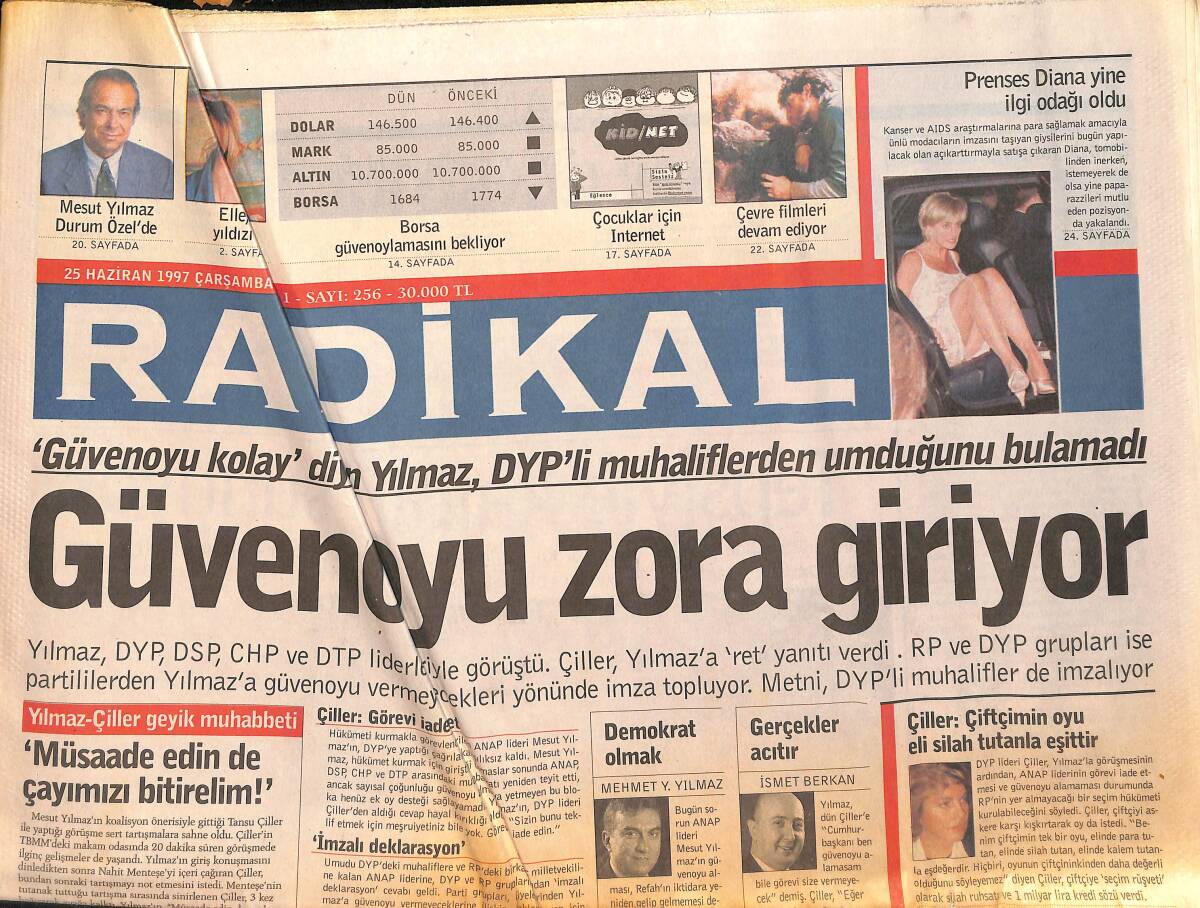 Radikal Gazetesi 25 Haziran 1997 - Prenses Diana Gene Yaptı - Kadrolar Ve Fonlar Refah Partisi'ne GZ155495 - 1
