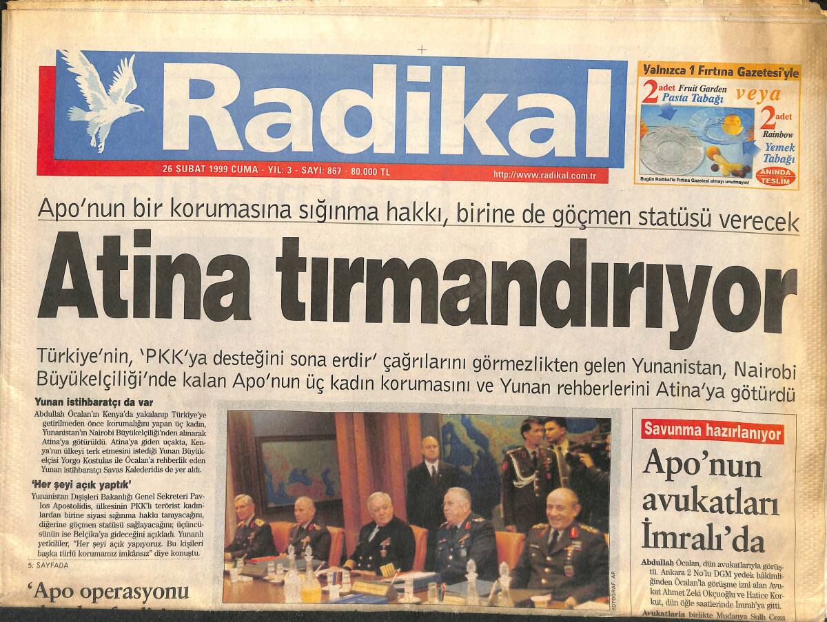 Radikal Gazetesi 26 Şubat 1999 - Apo'nun Avukatları İmralı'da - Grammy'de Erkek Yok GZ147755 - 1