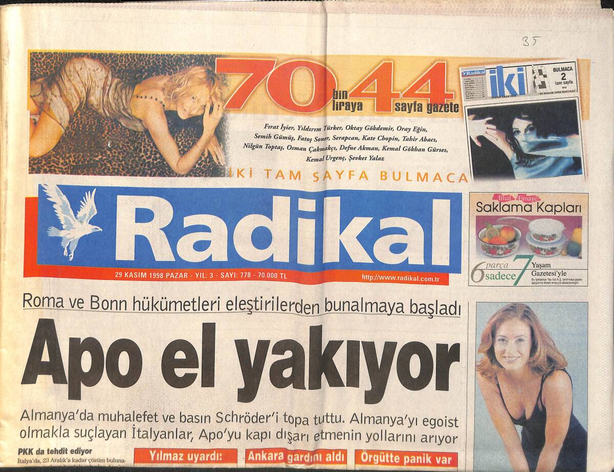 Radikal Gazetesi 29 Kasım 1998 - Demirel'in Zor Günleri - Yılmaz'a Baba Teşekkür GZ2094 - 1