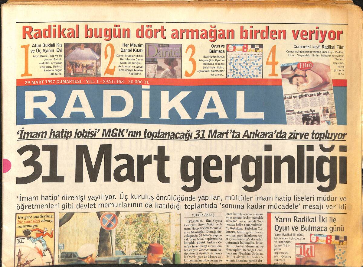 Radikal Gazetesi 29 Mart 1997 - Tom Cruise'dan Yeni Bir Başlangıç - Tanju'nun Hedefi Büyük - Koç Grubu'nun Cirosu 929 Trilyon GZ147790 - 1