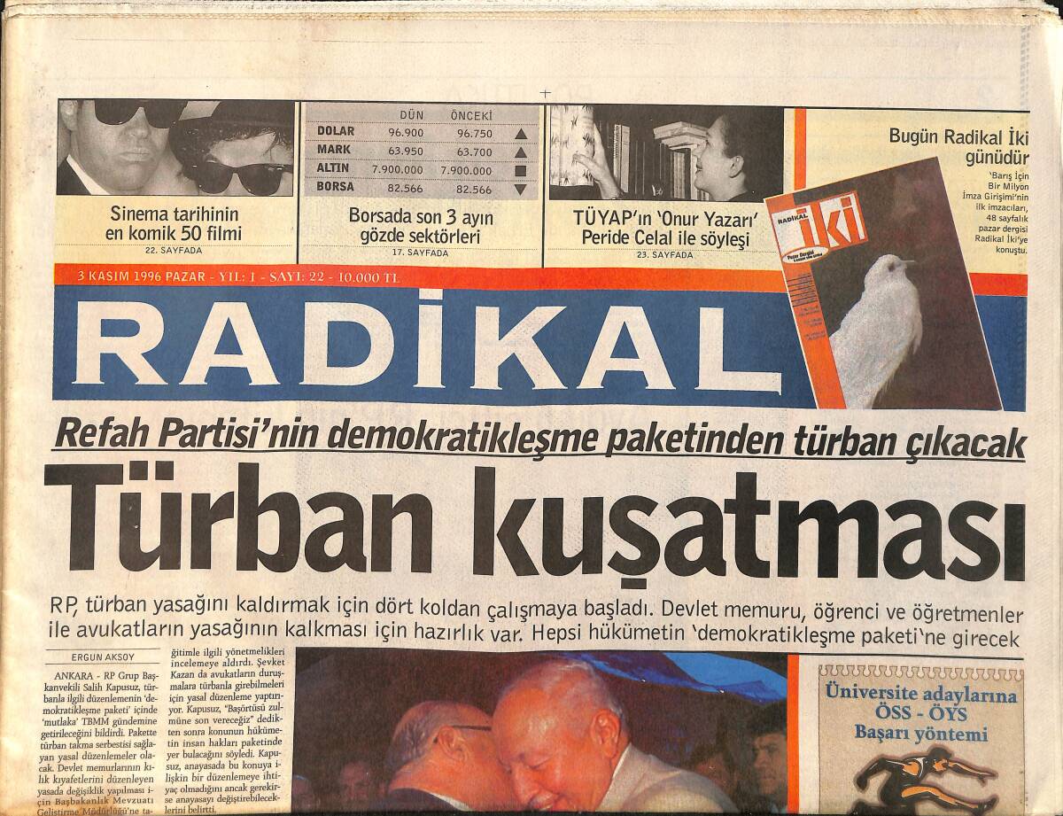 Radikal Gazetesi 3 Kasım 1996 - Türban Kuşatması - Fener'e Telekom Darbesi GZ2532 - 1