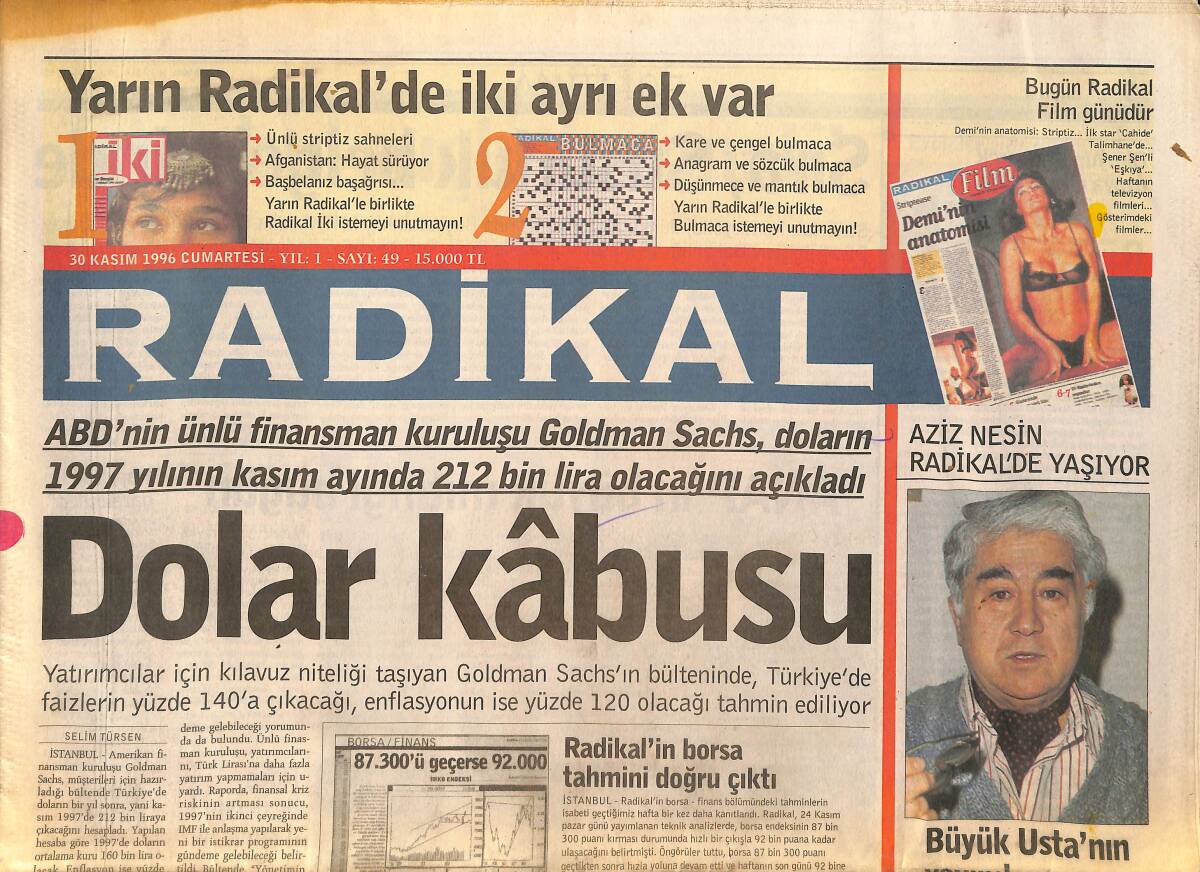 Radikal Gazetesi 30 Kasım 1996 - Aziz Nesin Radikal'de Yaşıyor - Cezayir Halkı Şeriatı Reddetti GZ155457 - 1