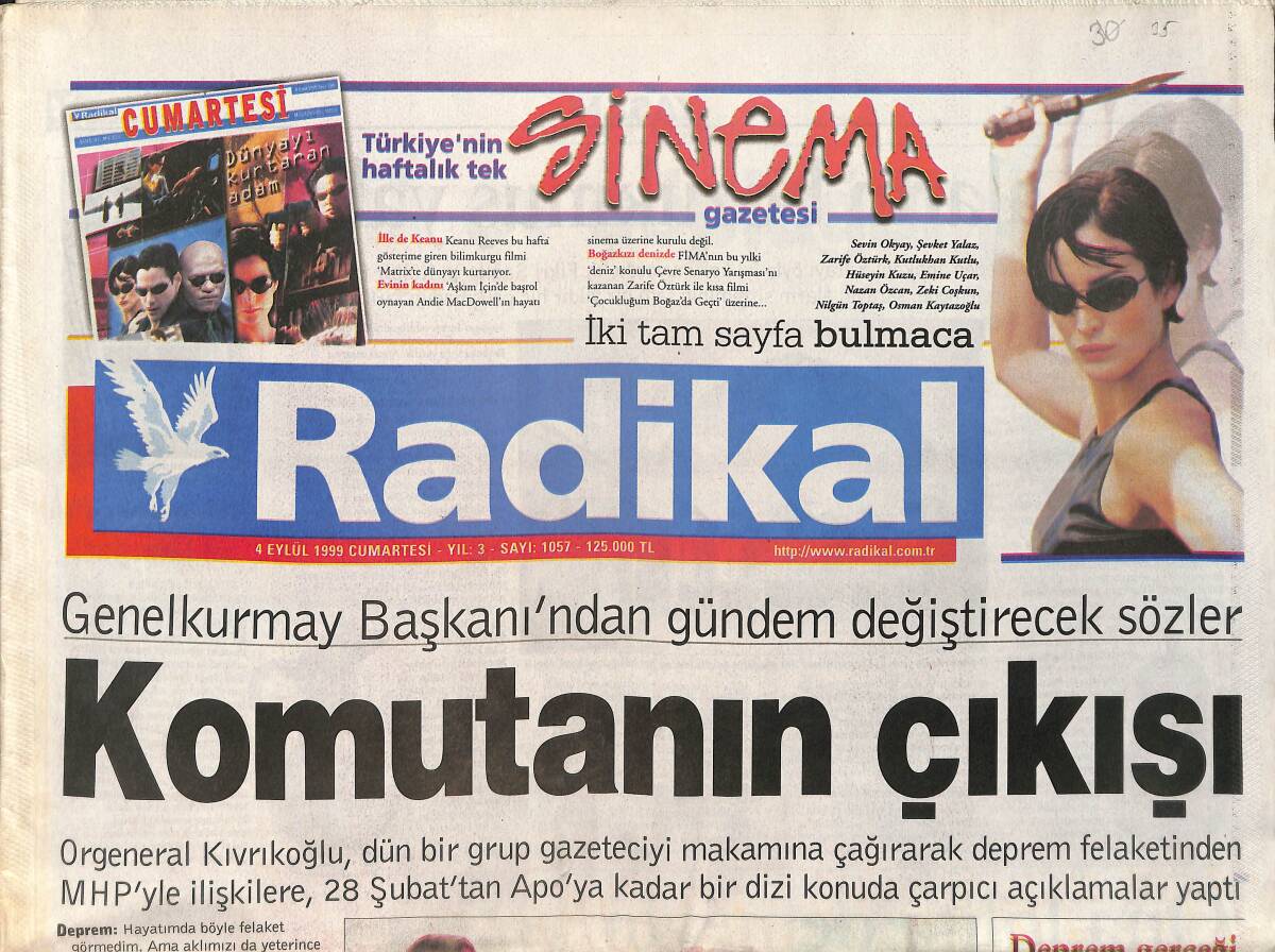 Radikal Gazetesi 4 Eylül 1999 - Barak'ın Dediği Oluyor - Genelkurmay Başkanından Gündem Değiştirecek Sözler GZ2107 - 1