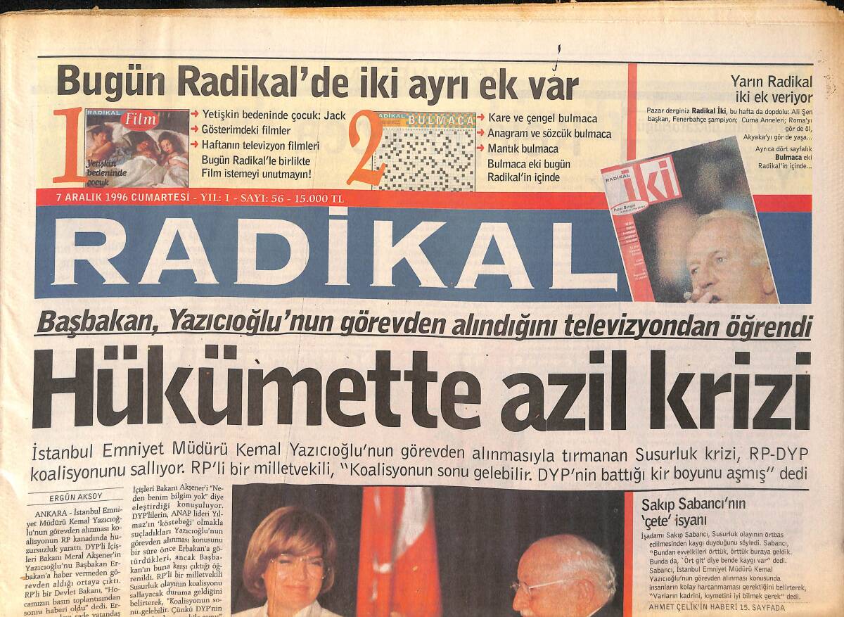 Radikal Gazetesi 7 Aralık 1996 - ABD Başkanı Clinton'ın Kitabı Satmıyor - Kansere Karşı Vitamin Kürü GZ155477 - 1